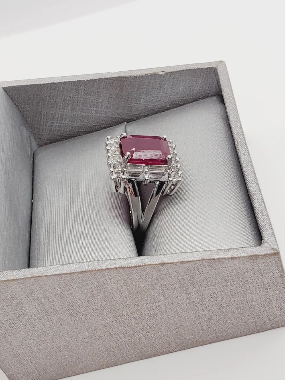 4 Carat Genuine Ruby Center White Topaz Halo Cocktail Ring - 925 Sterling Silver